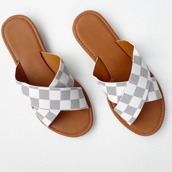 White Gray Checkered Criss Cross Sandal - Picture 3 of 7